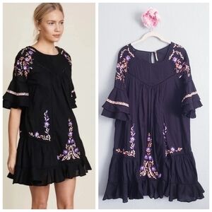 Free People Pavlo Black Ruffle Tiered Floral Embroidered Babydoll Dress